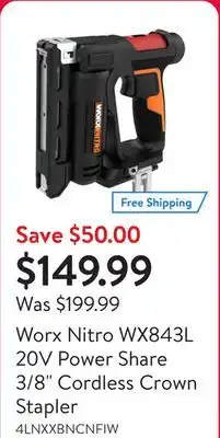 Walmart Worx Nitro WX843L 20V Power Share 3/8 Cordless Crown Stapler offer
