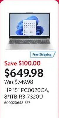 Walmart HP 15 FC0020CA, 8/1TB R3-7320U offer