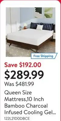 Walmart Queen Size Mattress,10 Inch Bamboo Charcoal Infused Cooling Gel Memory Foam Mattress in a Box,Medium-Firm,Pressure Relief&Tem offer