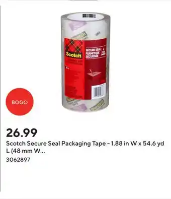 Staples Scotch Secure Seal Packaging Tape - 1.88 in W x 54.6 yd L (48 mm W x 50 m L) - 4 Roll Pack offer