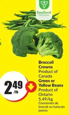 Chalo FreshCo Broccoli Crowns Product of Canada Green or Yellow Beans Product of Ontario 5.49/kg offer