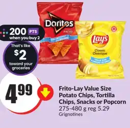 Chalo FreshCo Frito-Lay Value Size Potato Chips, Tortilla Chips, Snacks or Popcorn 275-480 g offer