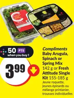 FreshCo Compliments Baby Arugula Spinach or Springs Mix 142 g or Fresh Attitude Single Kit 155-185g offer