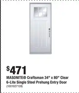 Home Depot MASONITE Craftsman 34 x 80 Clear 6-Lite Single Steel Prehung Entry Door offer