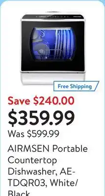 Walmart AIRMSEN Portable Countertop Dishwasher, AE-TDQR03, White/Black offer