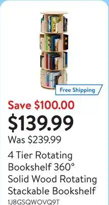 Walmart 4 Tier Rotating Bookshelf 360° Solid Wood Rotating Stackable Bookshelf offer