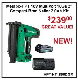 Atlas Tools & Machinery Metabo-HPT 18V MultiVolt 18Ga 2 Compact Brad Nailer 2.0Ah Kit offer