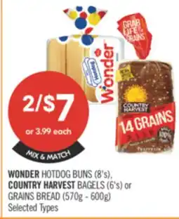 Shoppers Drug Mart WONDER HOTDOG BUNS (12's), COUNTRY HARVEST BAGELS (6's) or GRAINS BREAD (570g - 600g) offer