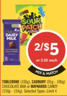 Shoppers Drug Mart TOBLERONE 100g CADBURY 95g-100g CHOCOLATE BAR offer