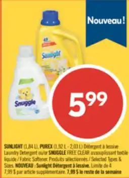 Pharmaprix SUNLIGHT (1.84 L), PUREX (1.92 L), Laundry Detergent or SNUGGLE FREE CLEAR Fabric softener offer