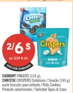 Pharmaprix CADBURY FINGERS (114g), CHRISTIE CRISPERS SNACKS (145g) or Kids cookies offer