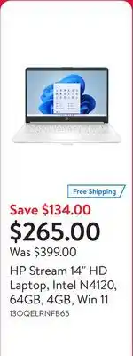 Walmart HP Stream 14 HD Laptop, Intel N4120, 64GB, 4GB, Win 11 offer