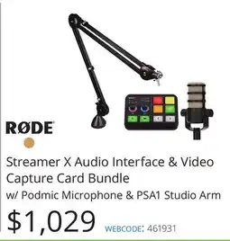 Vistek RODE Streamer X Audio Interface & Video Capture Card Bundle w/Podmic Microphone & PSA1 Studio Arm offer