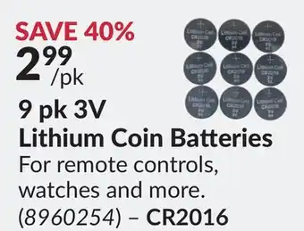 Princess Auto 9 pk 3V Lithium Coin Batteries offer