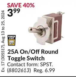 Princess Auto 25A On/Off Round Toggle Switch offer