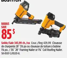 Canadian Tire BOSTITCH 31⁄2˝ 28° Framing Nailer or 13⁄4˝ Coil Roofing Nailer offer