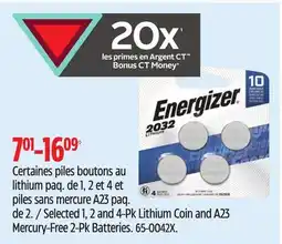 Canadian Tire Energizer Selected 1, 2 and 4-Pk Lithium Coin and A23 Mercury-Free 2-Pk Batteries offer