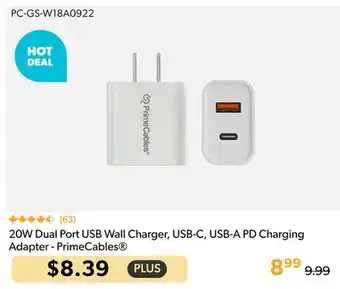 Primecables 20W Dual Port USB Wall Charger, USB-C, USB-A PD Charging Adapter - PrimeCables offer