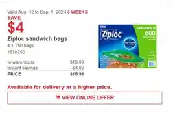Costco Ziploc sandwich bags offer