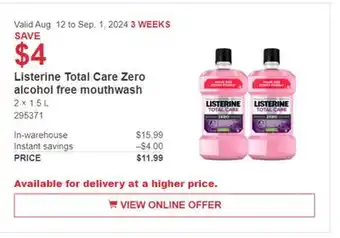 Costco Listerine Total Care Zero alcohol free mouthwash offer