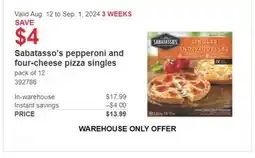 Costco Sabatasso's pepperoni and four-cheese pizza singles offer