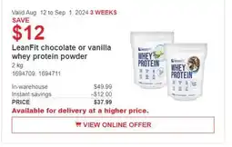 Costco LeanFit Chocolate or Vanilla whey Protein Powder offer