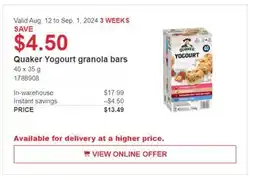 Costco Quaker Yogourt granola bars offer