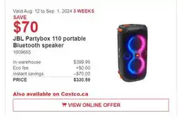 Costco JBL party box 110 portable Bluetooth speaker offer
