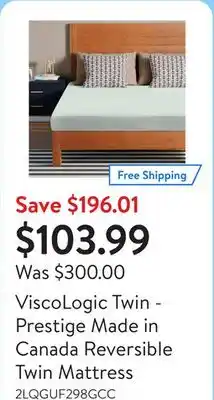 Walmart ViscoLogic Twin - Prestige Made in Canada Reversible Twin Mattress offer