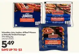 Longo's Juicy Jumbos, All Beef Wieners or Naturally Smoked Sausages offer