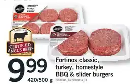 Fortinos FORTINOS CLASSIC, TURKEY, HOMESTYLE BBQ & SLIDER BURGERS, 420/500 G offer