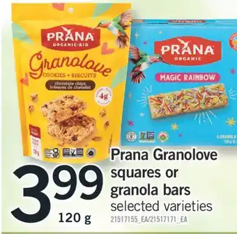 Fortinos PRANA GRANOLOVE SQUARES OR GRANOLA BARS, 120 g offer