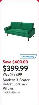 Walmart Modern 3-Seater Velvet Sofa w/2 Pillows offer