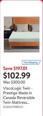 Walmart ViscoLogic Twin - Prestige Made in Canada Reversible Twin Mattress , Medium Firm Feel Mattress, Perfect for Bunk Bed, and Car offer