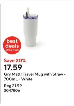 Staples Gry Mattr Travel Mug with Straw - 700mL - White offer