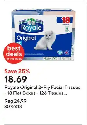 Staples Royale Original 2-Ply Facial Tissues - 18 Flat Boxes - 126 Tissues per Box offer