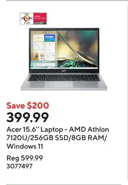 Staples Acer 15.6'' Laptop - AMD Athlon 7120U/256GB SSD/8GB RAM/Windows 11 offer
