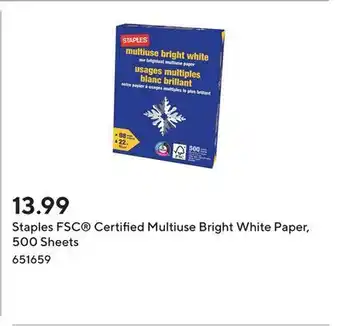 Staples Staples FSC Certified Multiuse Bright White Paper, 500 Sheets offer