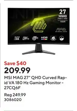 Staples MSI MAG 27 QHD Curved Rapid VA 180 Hz Gaming Monitor - 27CQ6F offer