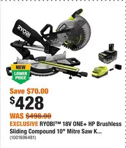 Home Depot EXCLUSIVE RYOBI 18V ONE+ HP Brushless Sliding Compound 10 Mitre Saw Kit with 4.0 HP Battery and Charger offer