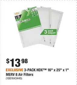 Home Depot EXCLUSIVE 3-PACK HDX 16 x 25 x 1 MERV 8 Air Filters offer