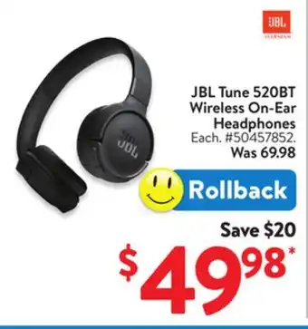 Walmart JBL Tune 520BT Wireless On-Ear Headphones offer