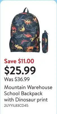 Walmart Mountain Warehouse School Backpack with Dinosaur print offer