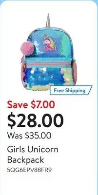 Walmart Girls Unicorn Backpack offer