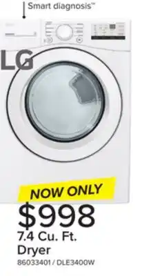 Leon's LG White Front Load Dryer with Ultra Large Capacity (7.4 Cu.Ft) - DLE3400W offer