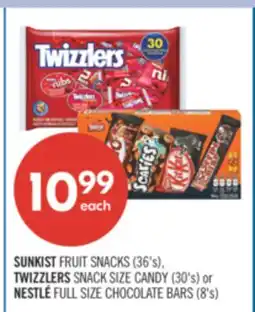 Shoppers Drug Mart SUNKIST FRUIT SNACKS (36's), TWIZZLERS SNACK SIZE CANDY (30's) or NESTLÉ FULL SIZE CHOCOLATE BARS (8's) offer
