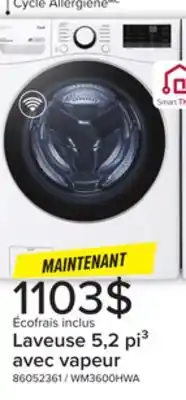 Leon's LG Laveuse intelligente à chargement frontal Wi-Fi 5,2 pi³ avec vapeur et technologie Direct DriveMC AI blanc WM3600HWA offer