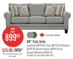 The Brick Canadian Made Tula 88 Mist Grey Fabric Sofa with Rolled Arms and Four Accent Pillows offer
