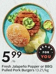 Sobeys Fresh Jalapeño Popper or BBQ Pulled Pork Burgers offer