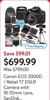 Walmart Canon EOS 2000D / Rebel T7 DSLR Camera with 18-55mm Lens, SanDisk 32GB Memory, Tripod, Backpack and ZeeTech Bundle offer